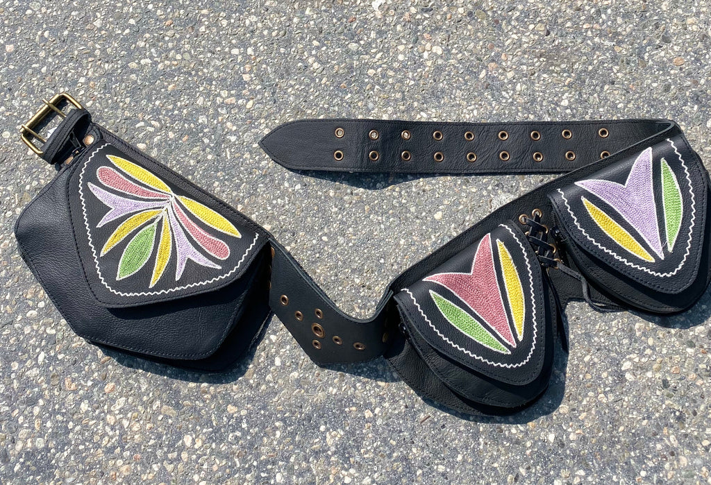 Floral belt leather ( black )